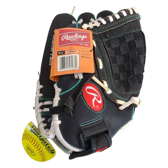 Rawlings Fastpitch Softball Glove WFP115MT 11 1/2" Leather Black/Teal Lefty NWT - Picture 1 of 6